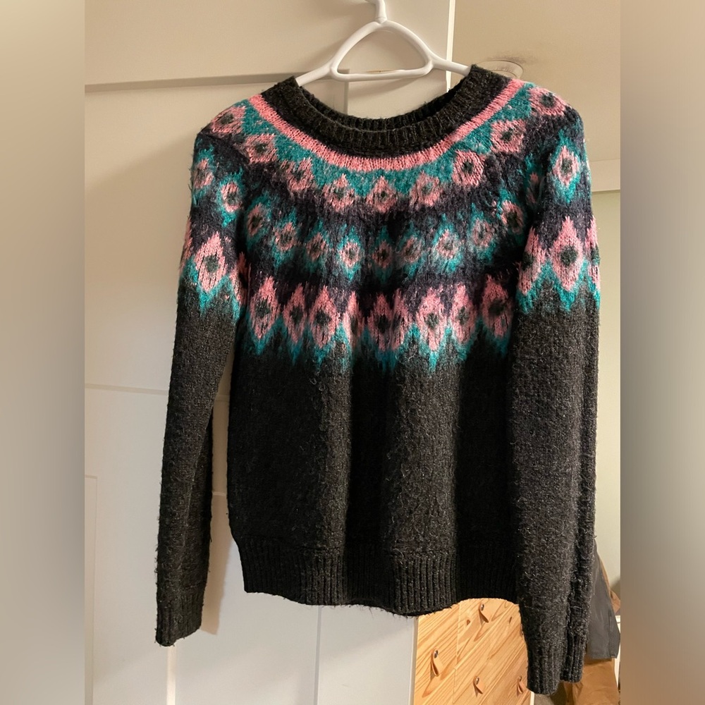 Noisy may Black Sweater with Pink and Blue Pattern